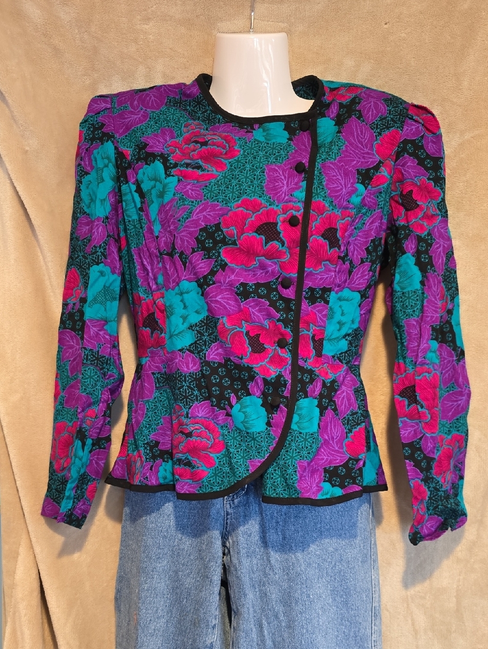 Vintage 80s/90s R.E.O. Floral Patterned Women's Jacket in Teal, Purple & Pink
